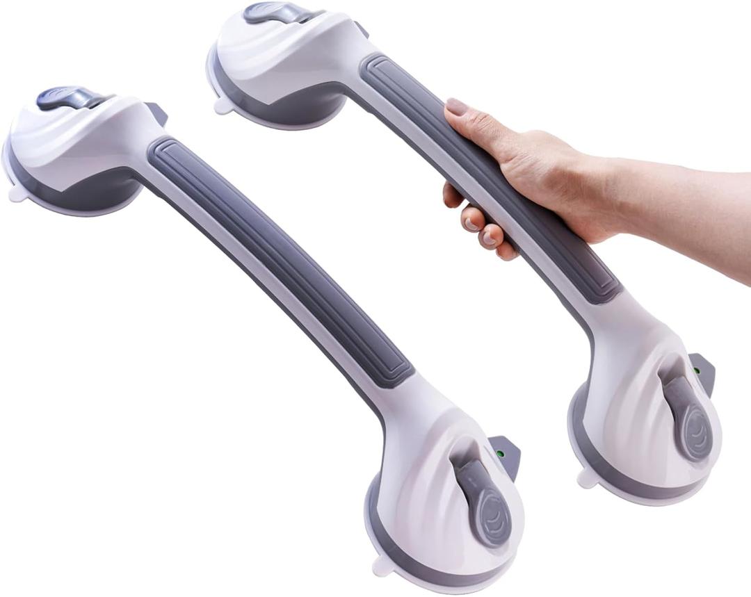 Shower Grab Bars for Seniors 2 Pack,16.8" Suction Shower Handle with Safety Indicator, No-Drill Bathroom Safety Rails for Elderly, Bathtub & Tile/Glass (Gray)