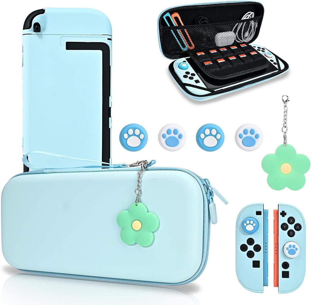 DLseego Storage Carrying Case for Nintendo Switch 2 2025 Accessories Set, 10 Game Card Slots Cute Protective, 1 Hard PC Case, 1PC Flower Blossom Chain, 4 Thumb Grips, Slim & Portable - Blue