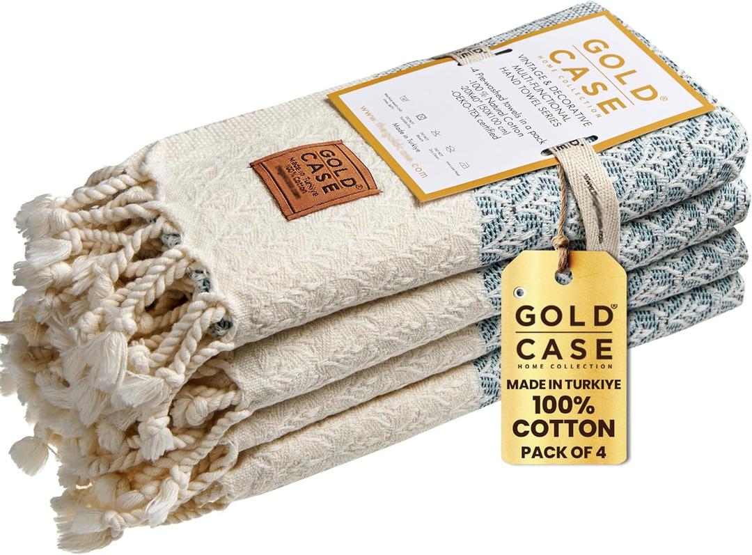 Gold CASE Turkish Hand Towels for Bathroom Set of 4  100% Cotton Bathroom Towels  Helen Kitchen Small Towel for Spa, Face, Tea & Dishcloth  Decorative Patterned Weave  Aqua