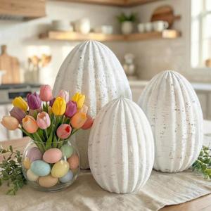 Jenaai 3 Pcs White Resin Easter Egg Decor Set - Travertine Textured Sculptures, Farmhouse Neutral Table Centerpiece for Spring/Easter Party, Indoor Home Shelf/Desk Vintage Decorations & Gifts
