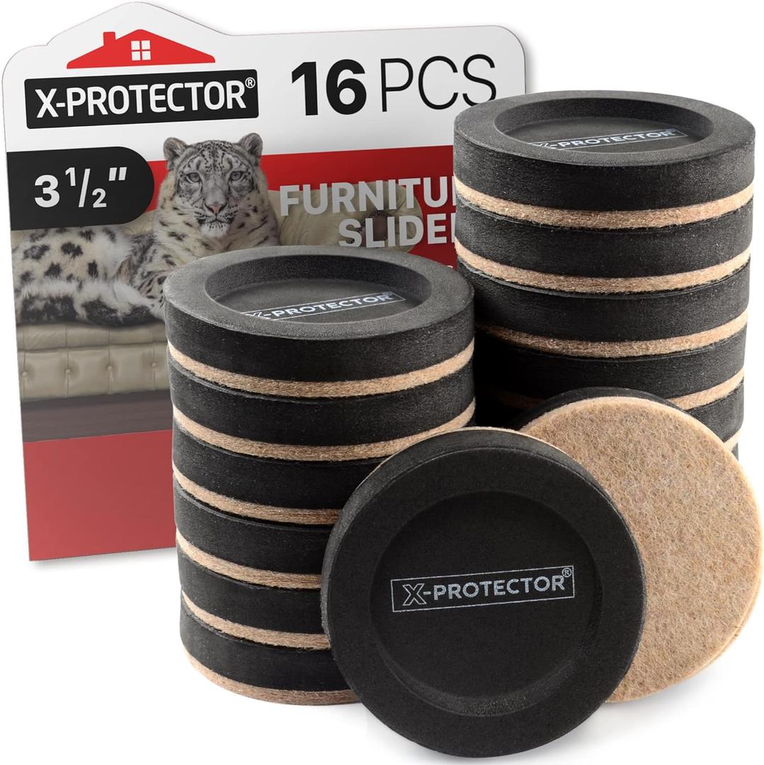 Felt Furniture Sliders for Hardwood Floors X-PROTECTOR 16 PCS 3  - Furniture Slider with Unique Design - Heavy-Duty Furniture Movers for Hard Surfaces - Felt Sliders - Move Your Furniture Easily! (16 PCS 3 1/2 inch (NEW TYPE!))