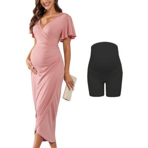 AISWI 2025 Womens Maternity Wrap Dress V Neck Ruffle Sleeves Semi Formal Baby Shower Photoshoot Party Cocktail Pregnancy (Pink, S)