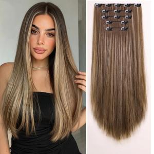 Clip in Hair Extensions 22 Inch Straight Synthetic Hairpieces for Women, 5 Pcs Thick Hair Extension Clip Ins Natural Heat Safe Fiber Chocolate Brown with Golden Blonde Highlights