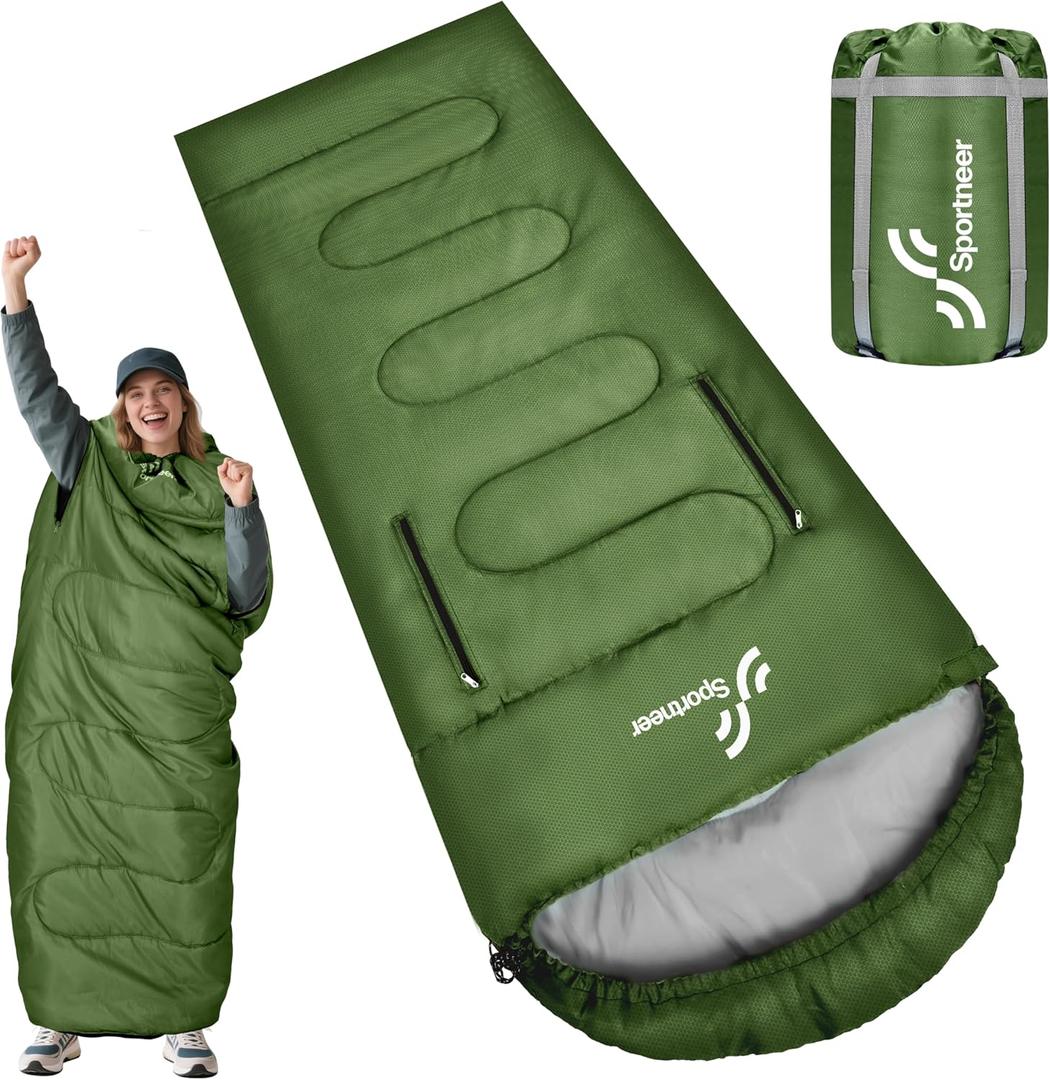 Sportneer 0 Degree Wearable Sleeping Bag for Adults & Kids  Walkable with Arm Zippers, Waterproof & Warm, Compact for Camping, Stadiums, Travel, Backpacking & Car Use (87''Long 32-65, Green)