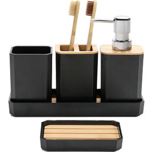 FEILANDUO Bathroom Accessories Set,5 Pcs Bathroom Accessory Gift Set, Soap Dispenser, Soap Dish, Toothbrush Holder, Toothbrush Cup, Vanity Tray, Boho, Modern Bathroom Decor (Black)
