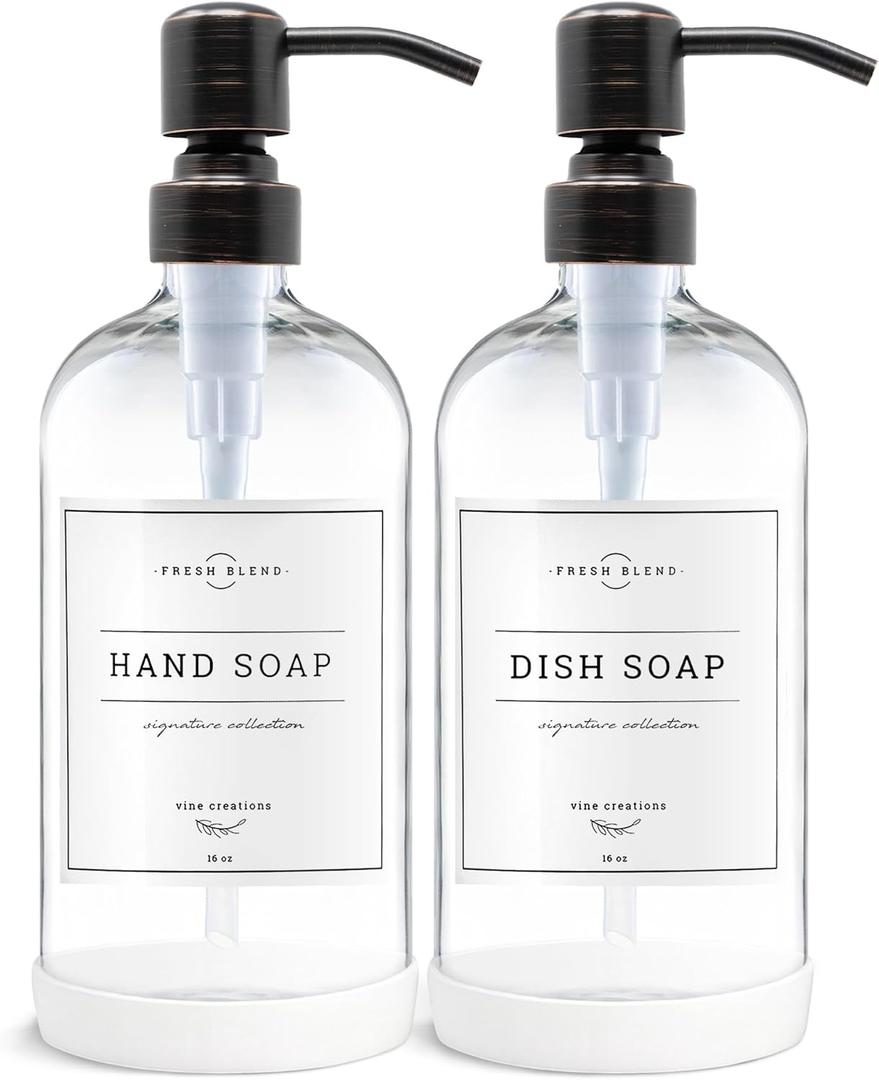 Vine Creations Clear Glass Soap Dispenser, 2 Pack Kitchen Soap Dispenser Set with Stainless Steel Pump, 16 oz Dish Soap and Hand Soap Dispensers for Bathroom with Waterproof Labels (Clear Bottle / Round Oil Rubbed Bronze Pump)