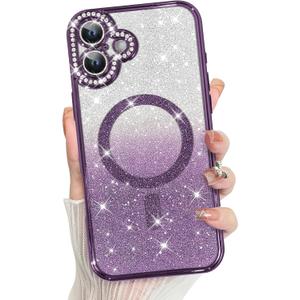MZELQ Compatible with iPhone 16 Case Plating Magnetic [Support for Magsafe] Bling Glitter Sparkly Back Diamond Camera Lens Cover Crystal Matte Luxury Case for Girls Women -Purple