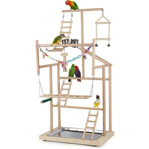Pet Parrot Playstand Parrots Bird Playground Bird Play Stand Wood Perch Gym Playpen Ladder with Feeder Cups Bells for Cockatiel Parakeet (4 Layers)