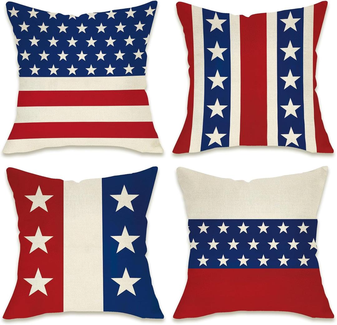 Fahrendom 4th of July Patriotic Decorative Throw Pillow Covers 18 x 18 Set of 4, America USA Red White Blue Stripes Stars Porch Outdoor Pillowcase, American Independence Day Cushion Case Home Decor