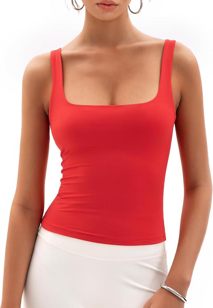 Womens Square Neck Tank Tops Double Lined Basic Tanks Sleeveless 2025 Summer Collection (XL)