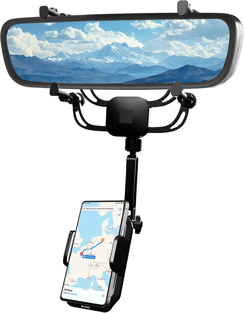 Rear View Mirror Phone Holder Solid Metal Arm Car Phone Mount, Universal Fit for iPhone & Android, Foldable 360 Rotation Clip, Sleek Hands-Free Design Stable Mount for Navigation & Calls