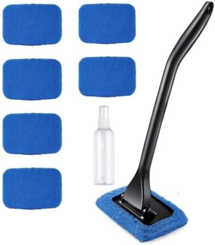 6PCS Windshield Cleaning Tool Car Window Cleaner with 5 Reusable and Washable Microfiber Pads and Extendable Handle Auto Inside Glass Wiper Kit Green (Blue)