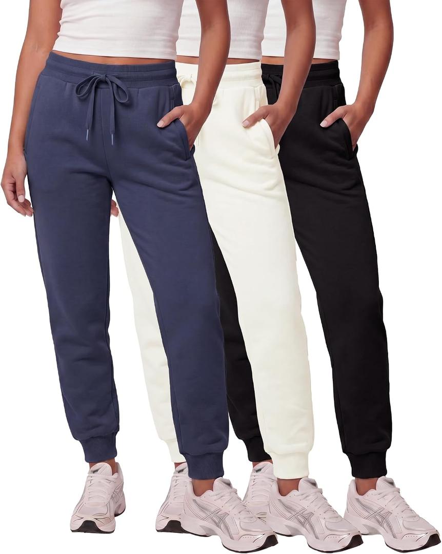 Real Essentials 3 Pack: Women's Ultra-Soft & Warm Fleece Joggers Sweatpants with Pocket (Available in Plus Size), 2X