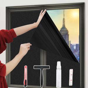 2 x 100% Total Blackout Window Film with 4 Tools,Static Cling and Easy to Install, Window Darkening Film, Heat Control, UV and Light Blocking,Privacy Protection-Total Black 17.5"x78.7"