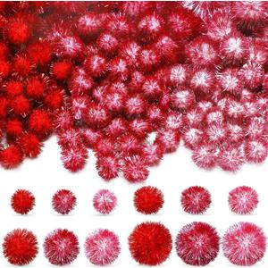 150 Pcs Large Glitter Tinsel Pom Poms 2.5" 2" 1.4" 1" Christmas Pompom Balls Jumbo Glitter Balls for DIY Craft Making Christmas Decorations(Red, Rose Red, Pink)