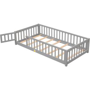 Pine Wood Floor Bed with Slats Fence & Door Easy Assembly Twin Size Bed Frame for Children Girls Boys (202 x 106 x 44cm) Grey One Size