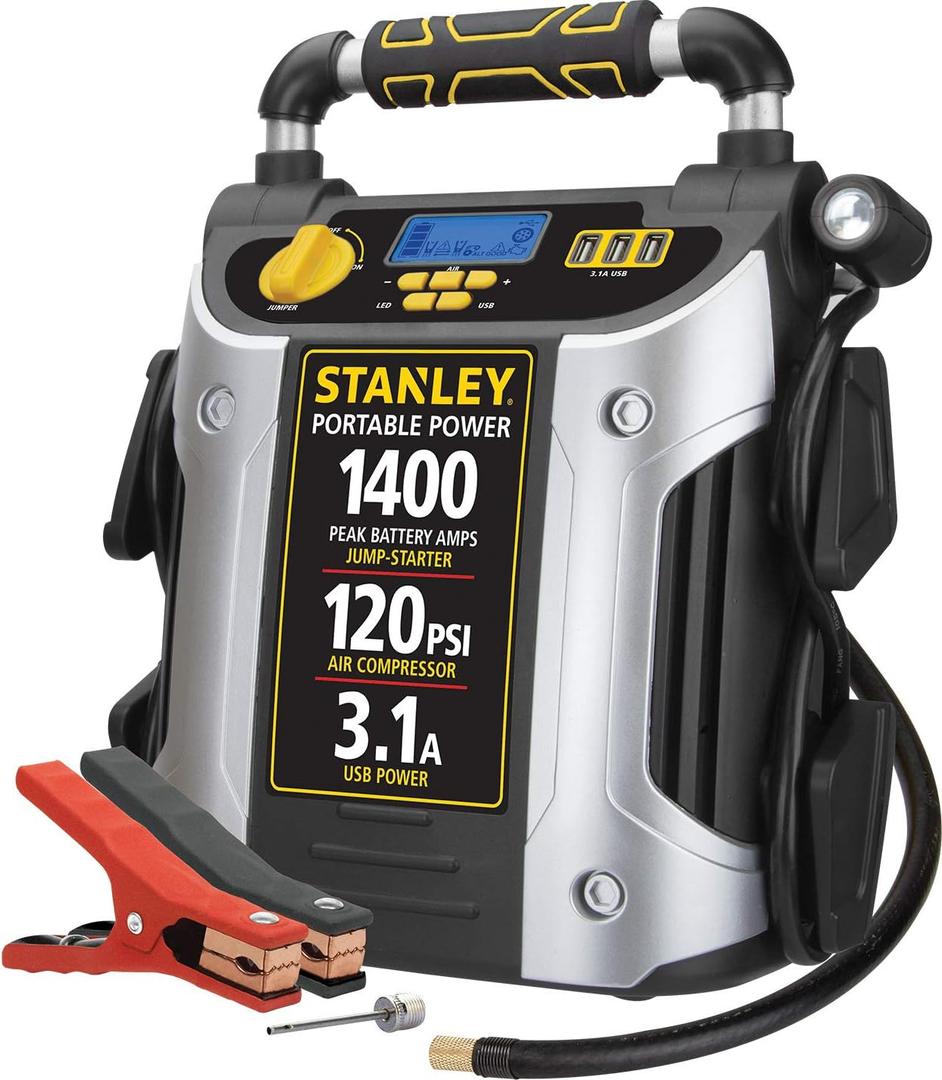 Stanley J7C09D Arrancador automotriz de 1400 amperios de pico, potencia porttil - Puertos USB triples de 15 W, compresor de aire de 120 PSI neumticos delanteros y equipo deportivo