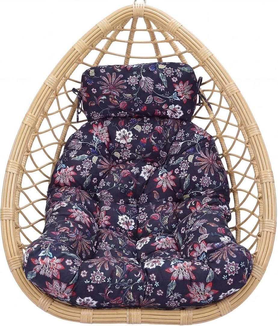 AceOrbit Egg Chair Cushion Replacement, 5" Thick Indoor Outdoor Hanging Basket Chair Pads with Headrest Pillow & Ties, Comfortable Patio Swing Seat Cushion(Colorful Vine), 47" x 31" x 5 inches