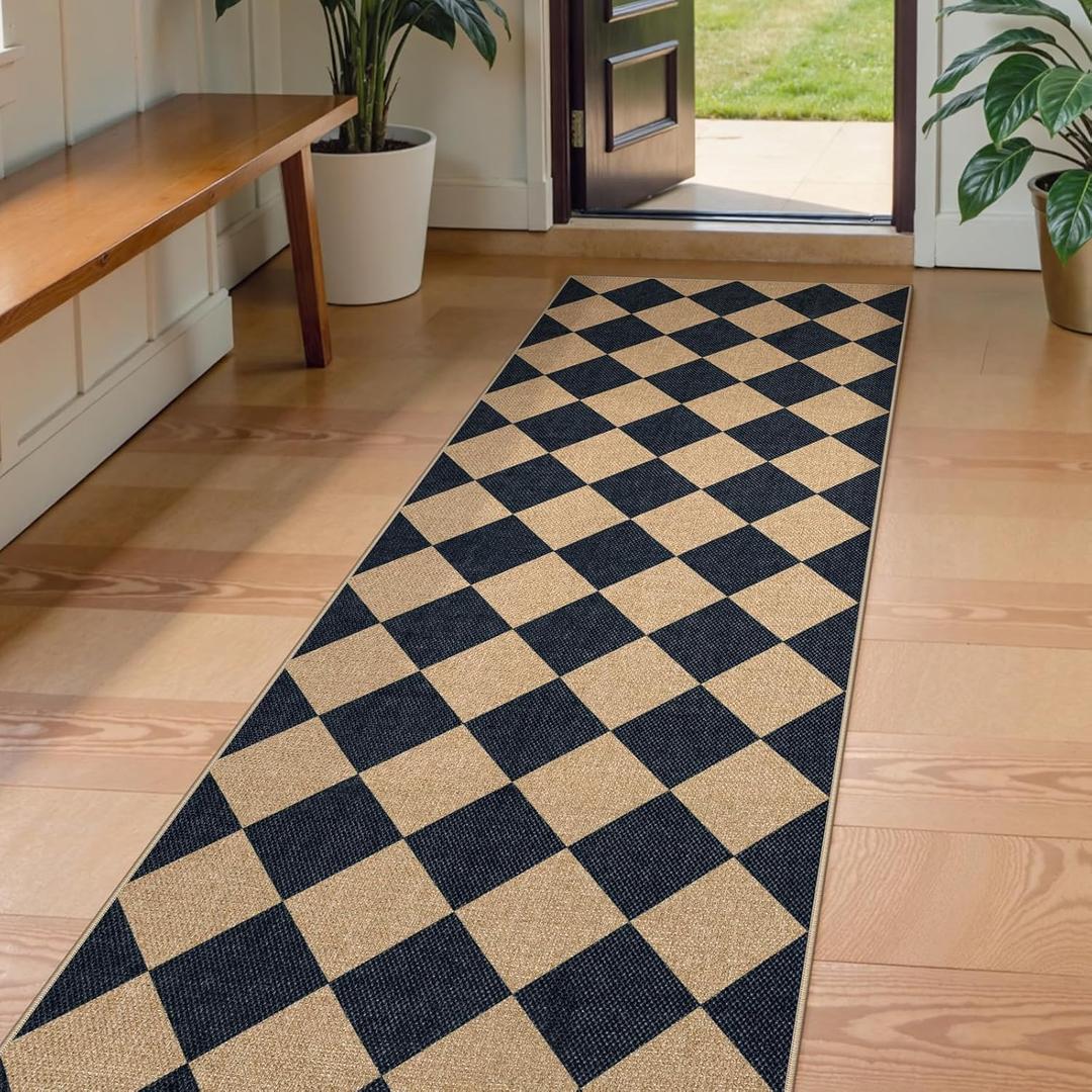 Lahome Colette Checkered Easy Jute Runner Rug, 2x8 Hallway Kitchen Runner Rug Non Slip Washable Outdoor Carpet for Entryway Indoor, Checkerboard Black Indoor Outdoor Carpet for Hallway 8ft Entry