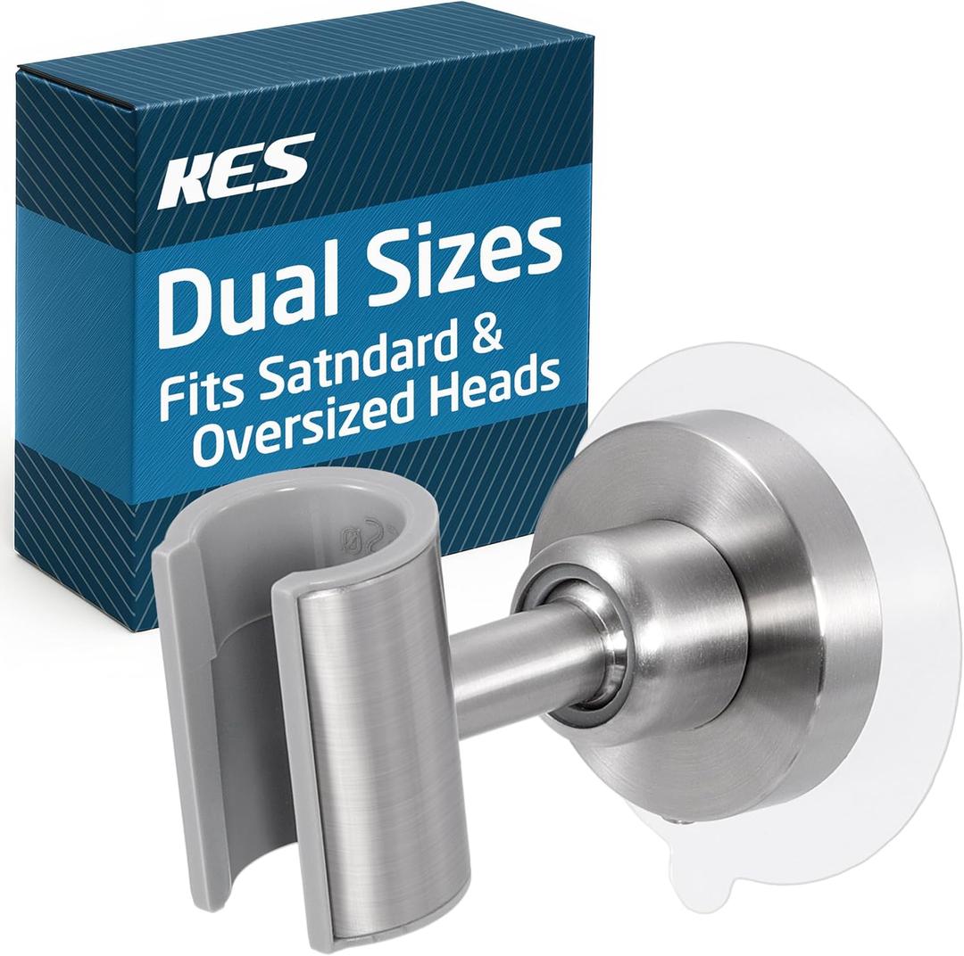 KES All Metal Shower Head Holder Adhesive, Dual-Size Opening Handheld Shower Head Holder Wall Mount for Standard & Oversized Shower Hose, Adjustable Shower Wand Holder, Brushed Steel, C208DF-BS
