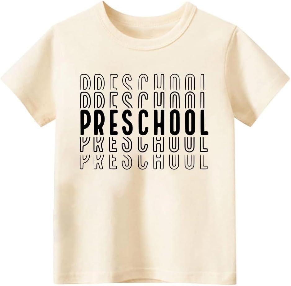 Kids Toddler Baby Boys Girls Back to School Shirt First Day of Preschool T-Shirt Short Sleeve Top (Beige)