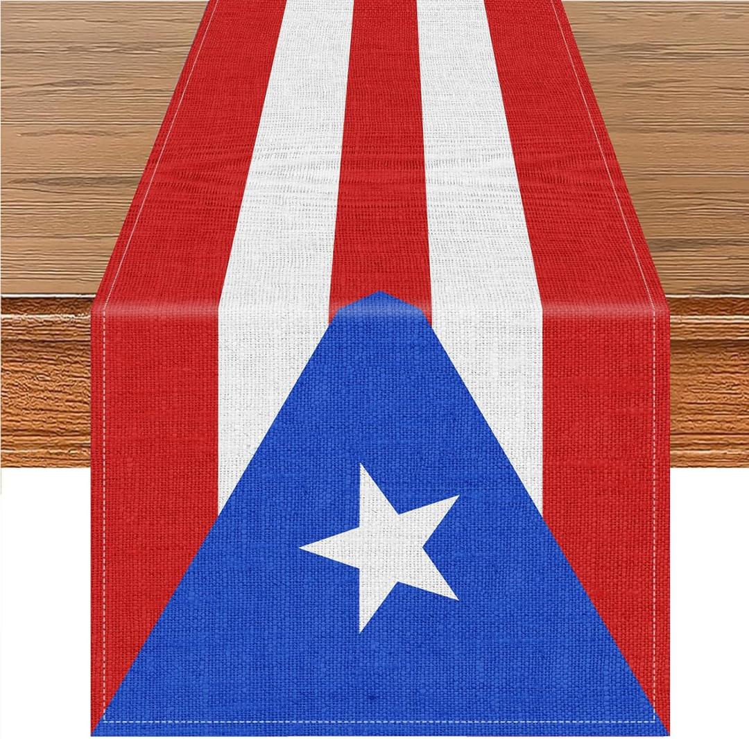72 x 13 Inches Puerto Rico Flag Table Runner, Red White Blue Striped Table Runner with White Star Design for Puerto Rican National Day, Heritage Celebrations, Festivals, Patriotic Party Decorations