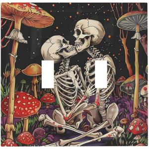 ROUGUI Decorative Switch Plate Covers Skeletons are Kissing and Surrounded by Red Mushrooms 2 Gang Wall Plate Double Toggle Light Switch Cover Plate Electric Dual Device Electrical Faceplate
