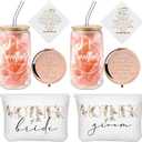 8 Pack Mother of the Bride Groom Gift Set - Includes 16oz Glass Cup Cosmetic Make up Bag Pocket Mirror Handkerchief, Engagement Anniversary Wedding Day Gifts for Mom Mother in Law(Floral)