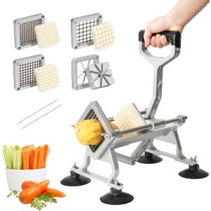 Commercial French Fry Cutter with 1/2'' 3/8'' 1/4'' 8-Wedge Stainless Steel Blades Professional Potato Cutter Dicer Manual Vegetable Chopper with Suction Cups for Carrot Cucumber Onion