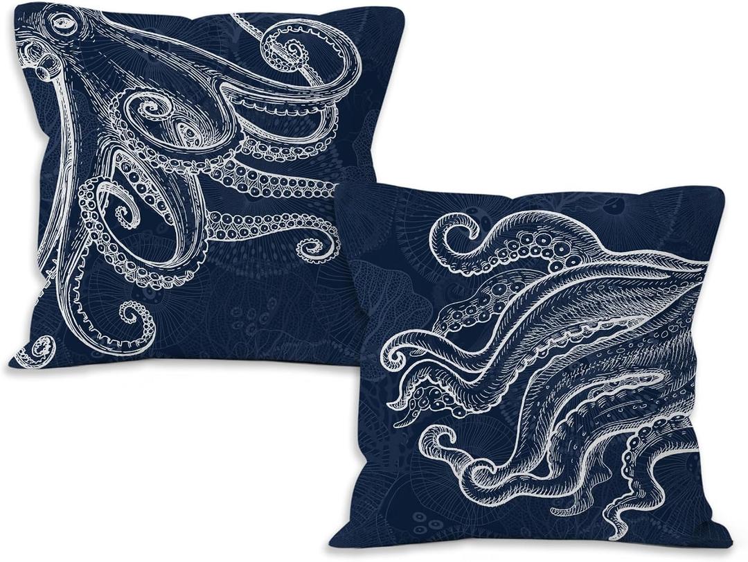 Octopus Coastal Throw Pillow Covers 18x18 Set of 2,Nautical Beach Ocean Decor,Coastal Nautical Octopus Outdoor Pillow Covers for Home Bedroom Couch