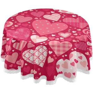 Valentine's Day Round Tablecloth 60 Inches Pink Red Hearts Lace Table Cloth Water Resistant Spillproof Wrinkle Free Love Hearts Valentines Table Cover