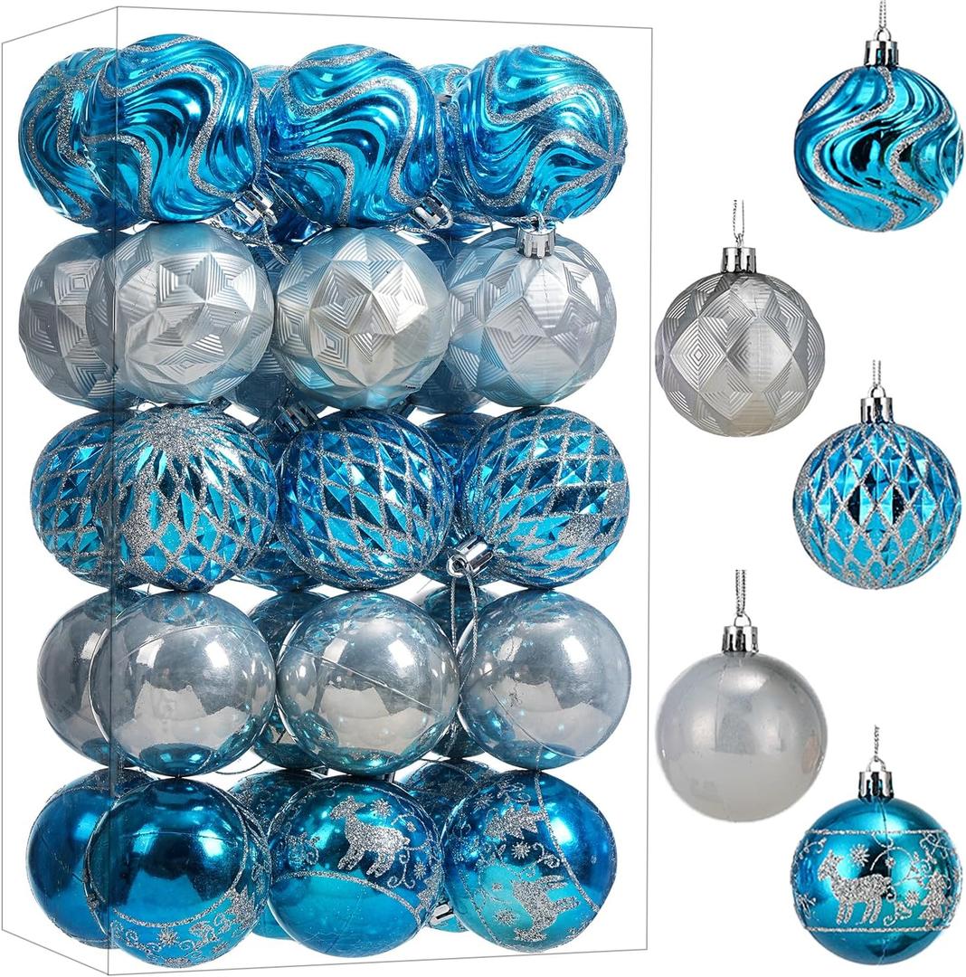 30ct Christmas Ball Ornaments Shatterproof Christmas Hanging Tree Decorative Balls for Party Holiday Wedding Decor Lakeblue Silver, 2.36", 60mm