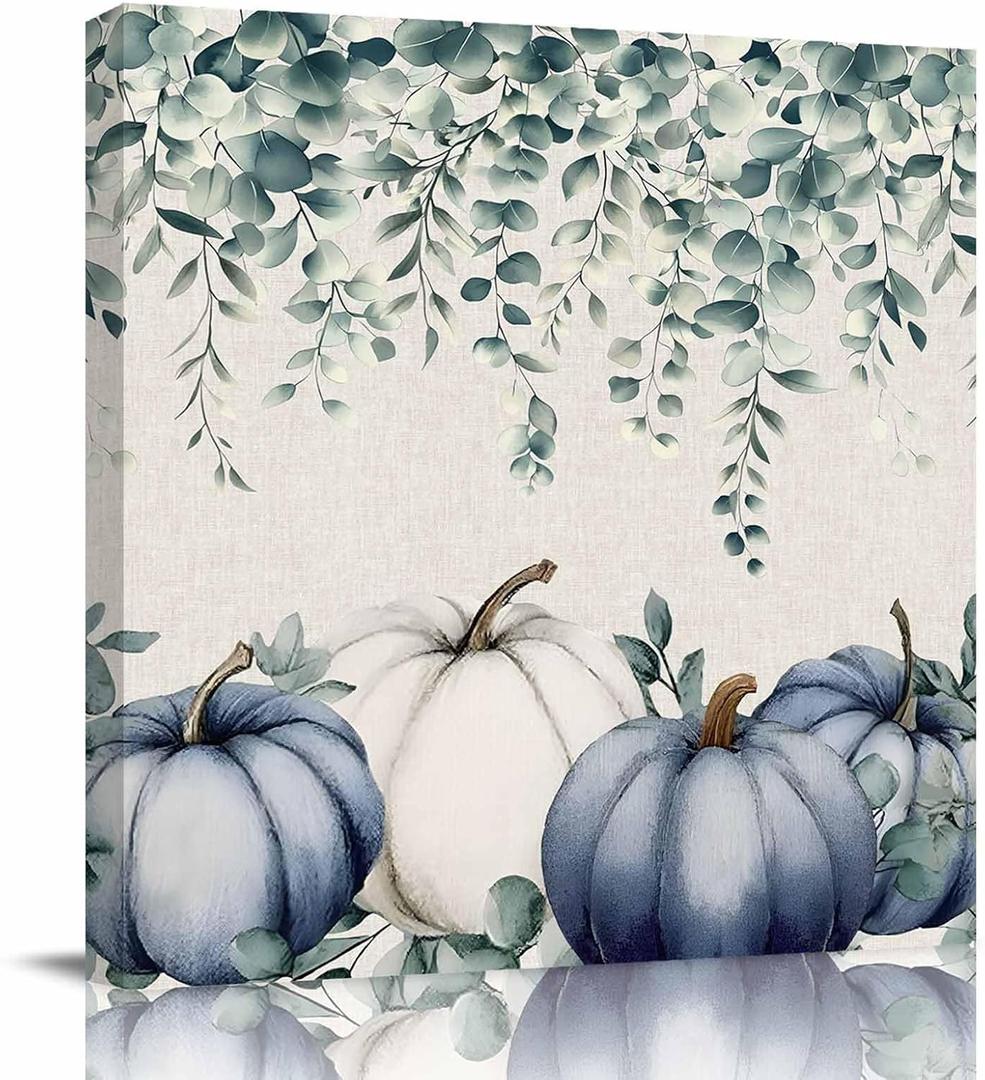 BiadingCC Fall Canvas Wall Art Eucalyptus Leaves Pumpkin Oil Paintings on Canvas Blue White Pumpkin Thanksgiving Wall Decor for Living Room Bedroom Bathroom Artwork Decorations Ready to Hang 8x8in