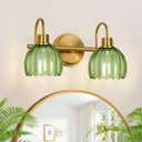2-Light Bathroom Vanity Light, Brushed Gold Vanity Wall Light Over Mirror with Ribbed Green Tulip Glass Shade, Bathroom Light Fixtures for Bedroom, Living Room, Hallway