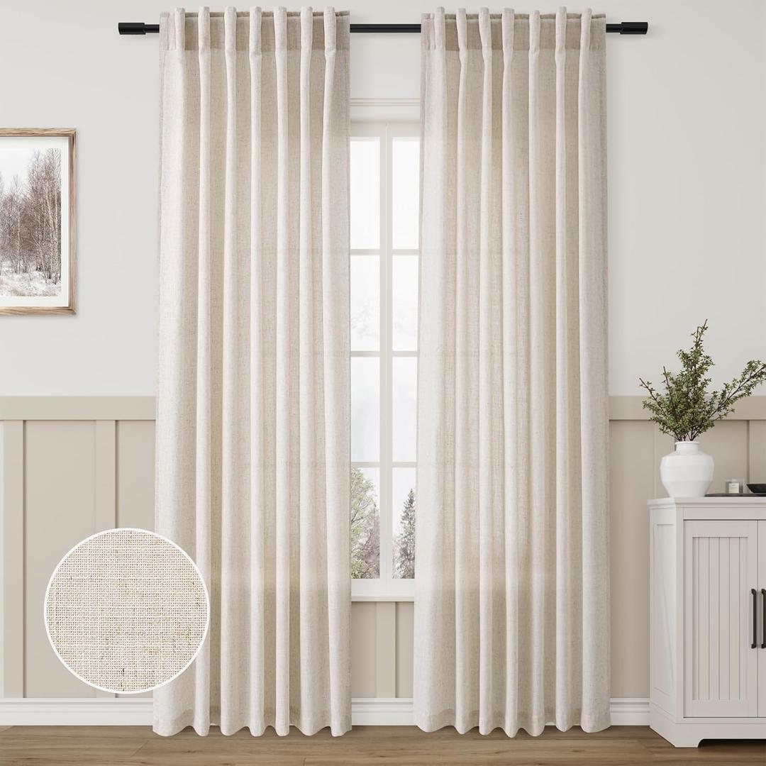 Back Tab Linen Beige Curtain Panels 84 Inches Long Light Filtering Semi Sheer Pleated Drapes for Living Room Faux Linen Blend Country Rustic Farmhouse Privacy Canvas Cloth Window Curtain Set of 2 (52"W x 84"L (Pack of 2))