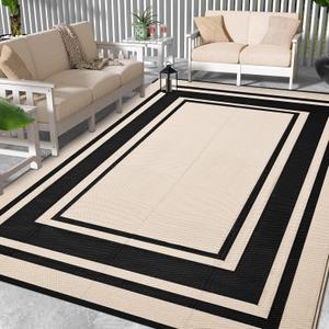 Outdoor Rug 5x8 Ft Waterproof Plastic Straw Rugs for Patio,RV,Beach,Camping, Backyard,Porch, Picnic, Black&Beige