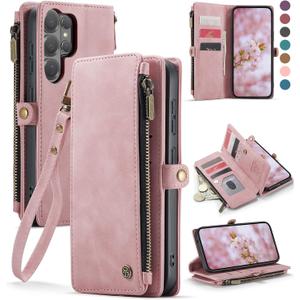 Defencase for Galaxy S26 Ultra Case Wallet with RFID Blocking Card Holder for Women Men, PU Leather Magnetic Snap Flip Wristlet Strap Zipper Wallet Phone Cases for Samsung Galaxy S26 Ultra 6.9", Pink