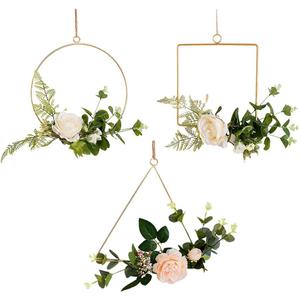 3PCS Iron Frame Flower Wreath Wall Hangings Decorative Home Hanging Ornaments Includes Square White Rose Triangular Rose for Unique Wall Decor