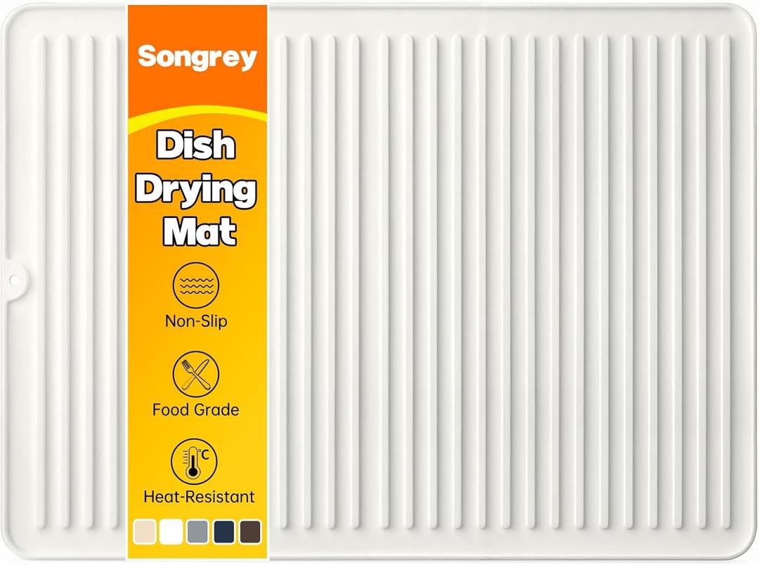Songrey 24" x 18" Silicone Dish Drying Mat, Kitchen Counter Drying Pad for Sink Dishes or Under Rack, Multi-Use as Heat Resistant Trivet, Coffee Bar Mat (White)