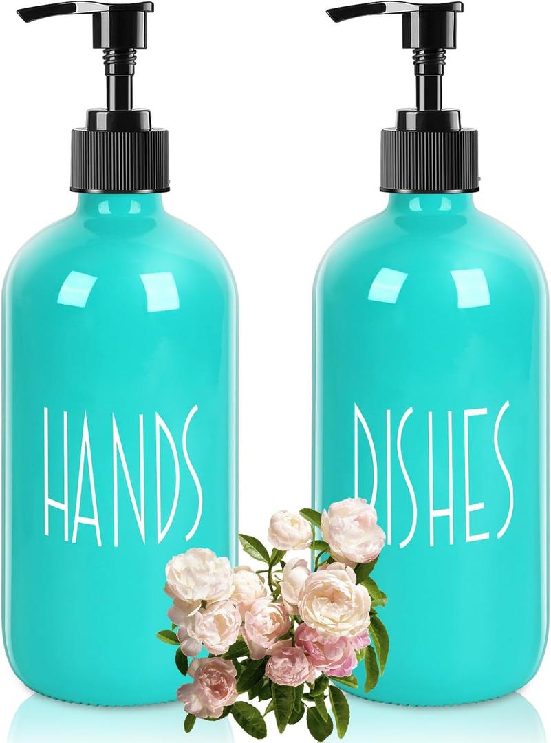 Glass Soap Dispenser with Plastic Pump for Kitchen - 16 OZ Glass Hand, Dish Soap Dispenser Set - Kitchen, Bathroom Decor and Accessories (Turquoise)