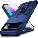 2 x for Google Pixel 9 Pro XL Case with Camera Lens Cover, HD Screen Protector, 10 FT Military Grade Drop Protection, Magnetic Ring Holder Kickstand Protective Phone Case, Navy Blue