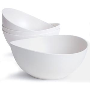 9.6'' Serving Bowls, 84oz Bamboo Fiber Salad Bowl Set of 4, Deep Serving Bowls Set, Large Oval Individual Bowls for Eating Salad/ Pasta/ Cereal/ Pho, Ideal for Home & Restaurant (Matte White)
