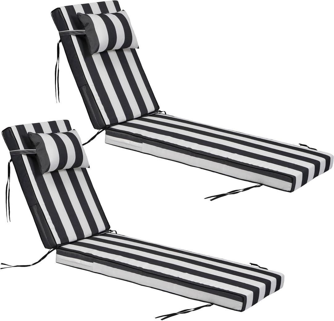 2 Piece Chaise Lounge Cushions Outdoor with PP Cotton Pillow, Waterproof Chair Cushions for Outdoor Furniture, Suitable for Patio Poolside,Garden,Beach,Pool (2pc-Black and White Stripe, 80*26*3 in)