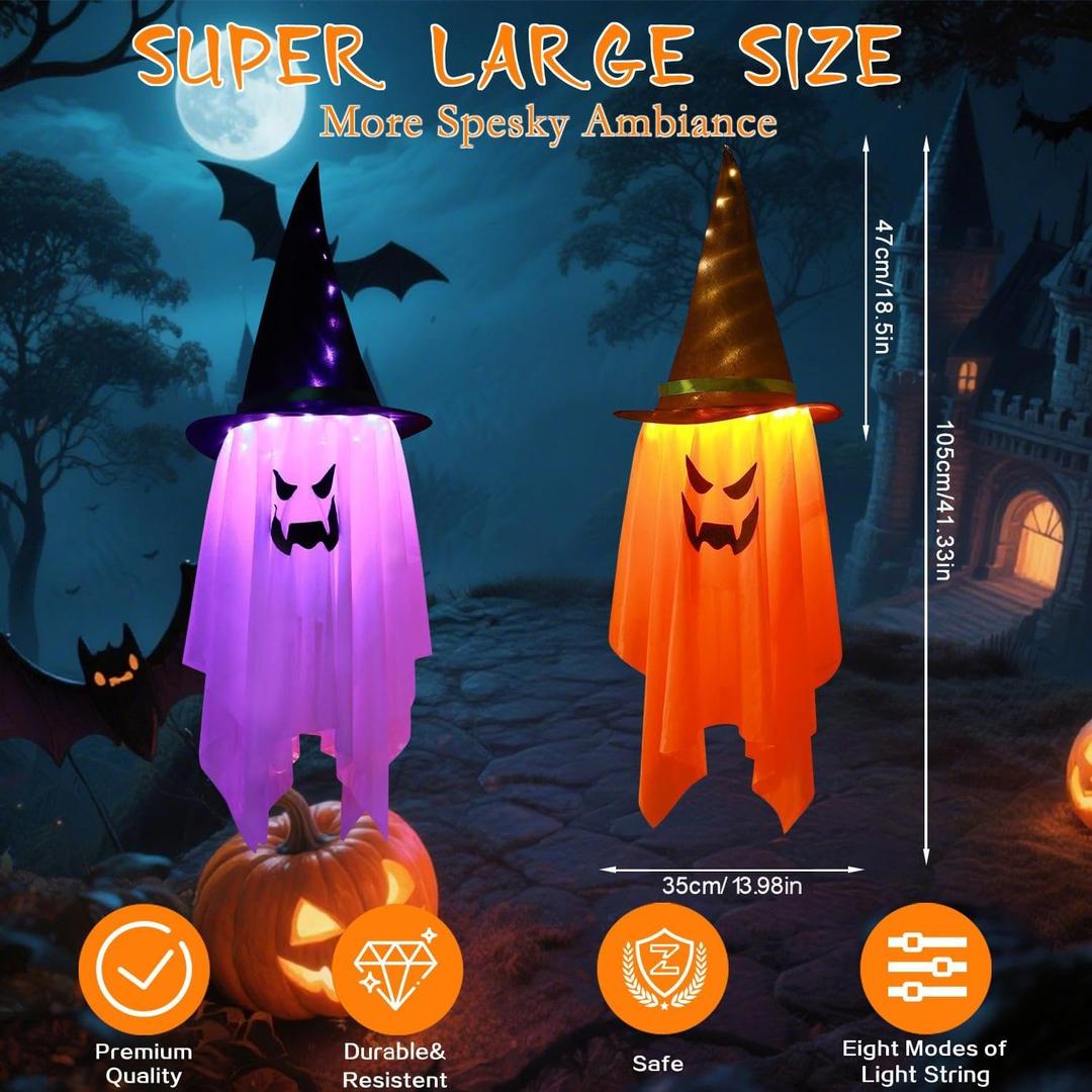 2 x 2PCS Halloween Decorations, 42"x14" Glowing Ghost Outdoor/Indoor Lights with 8 Lighting Modes, Waterproof Battery Case for Garden, Yard, Haunted Halloween Party