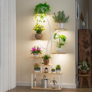 Plant Stand Indoor with Grow Light, 65" Tall Plant Stand 8 Tiered Plant Shelf, Corner Flower Stand for Indoor Plant Multiple, S-Shaped Flower Holder, Plant Rack for Home Patio, White