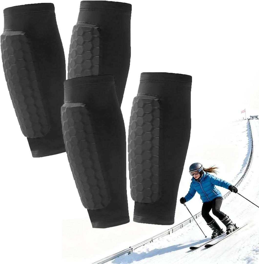 2 Pairs Ski Shin Guards, Soccer Shin Guards Pads for Kids Youth Adult Calf Compression Sleeve with Honeycomb Pads Lightweight Calf Protective Gear for Soccer &Ski Shin Pads Gear for Boys, Girls (Medium, Black+Black)