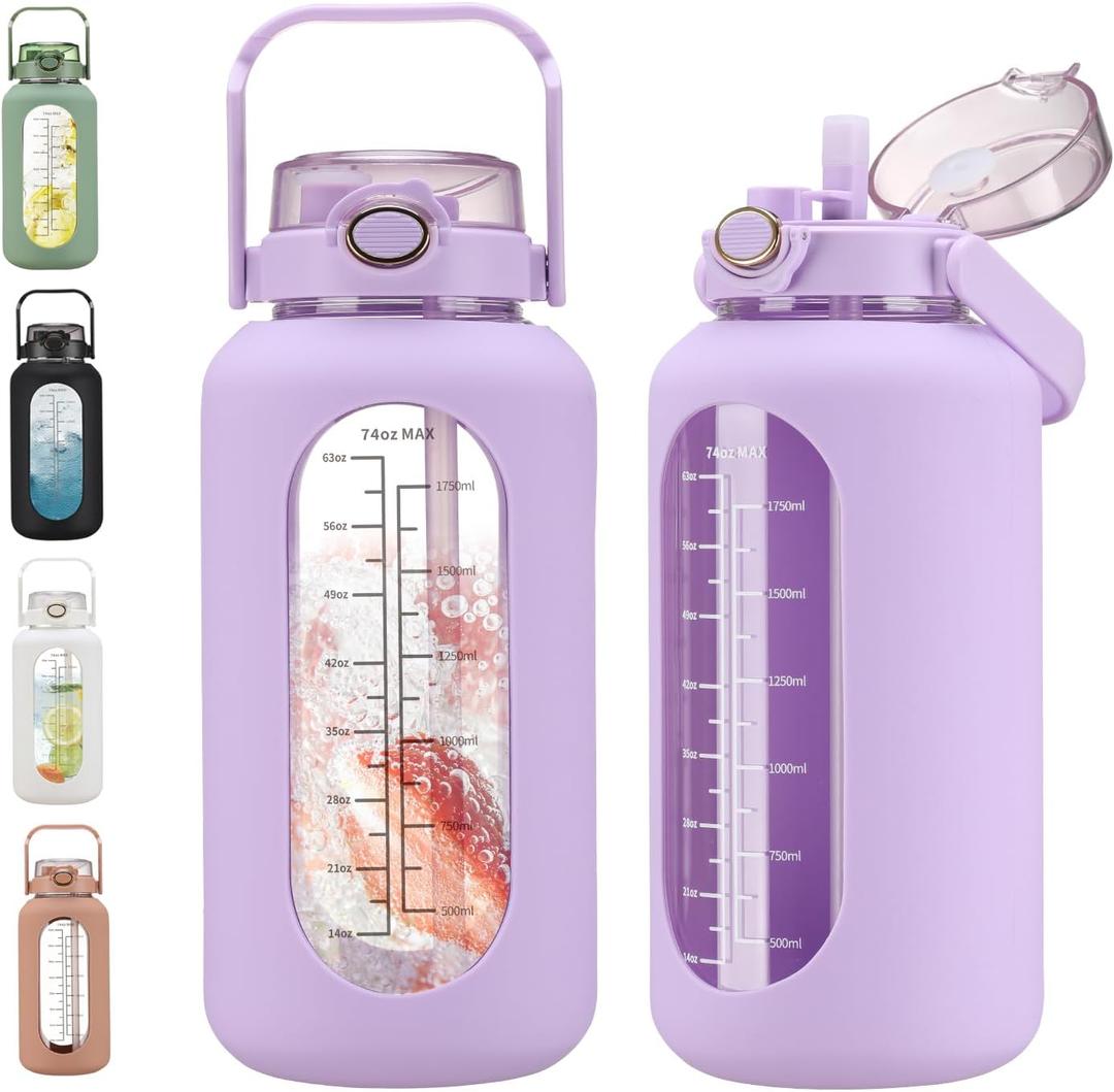 chunmo 74 oz Glass Water Bolttles with Straw Large Motivational Water Bottle with Time Marker Sports Water Bottles with Silicone Sleeve and Handle Lid 2.2L Water Jug for Gym Workout (Purple)