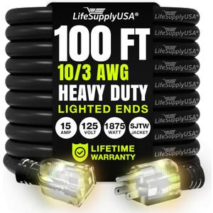 100ft Outdoor/ Indoor Extension Cord 10/ 3 Gauge Ultra Heavy Duty 3 Prong SJTW, Waterproof, Flexible Cold-Resistant Long Power Cord, 15A 125V 1875W, Black by LifeSupplyUSA