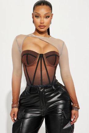 Fashion Nova Sights On Me Mesh Top Brown Combo XL