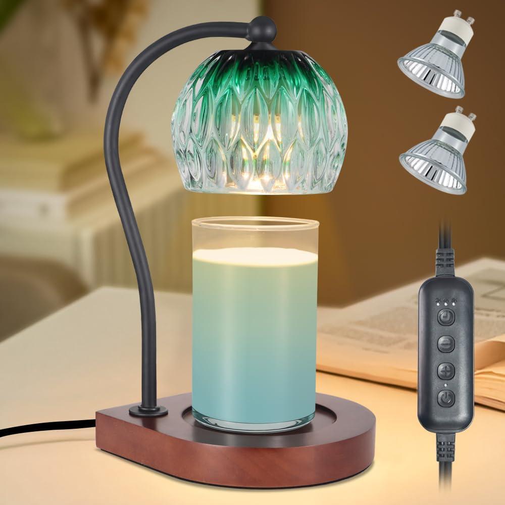 Electric Candle Warmer Lamp with TimerDimmable for Jar Scented Candles, Wax Melting Tabletop Light Suitable as a Home Decor Thanksgiving Christmas Day Gift for Women Mom, with 2 Bulbs(Glass Green)